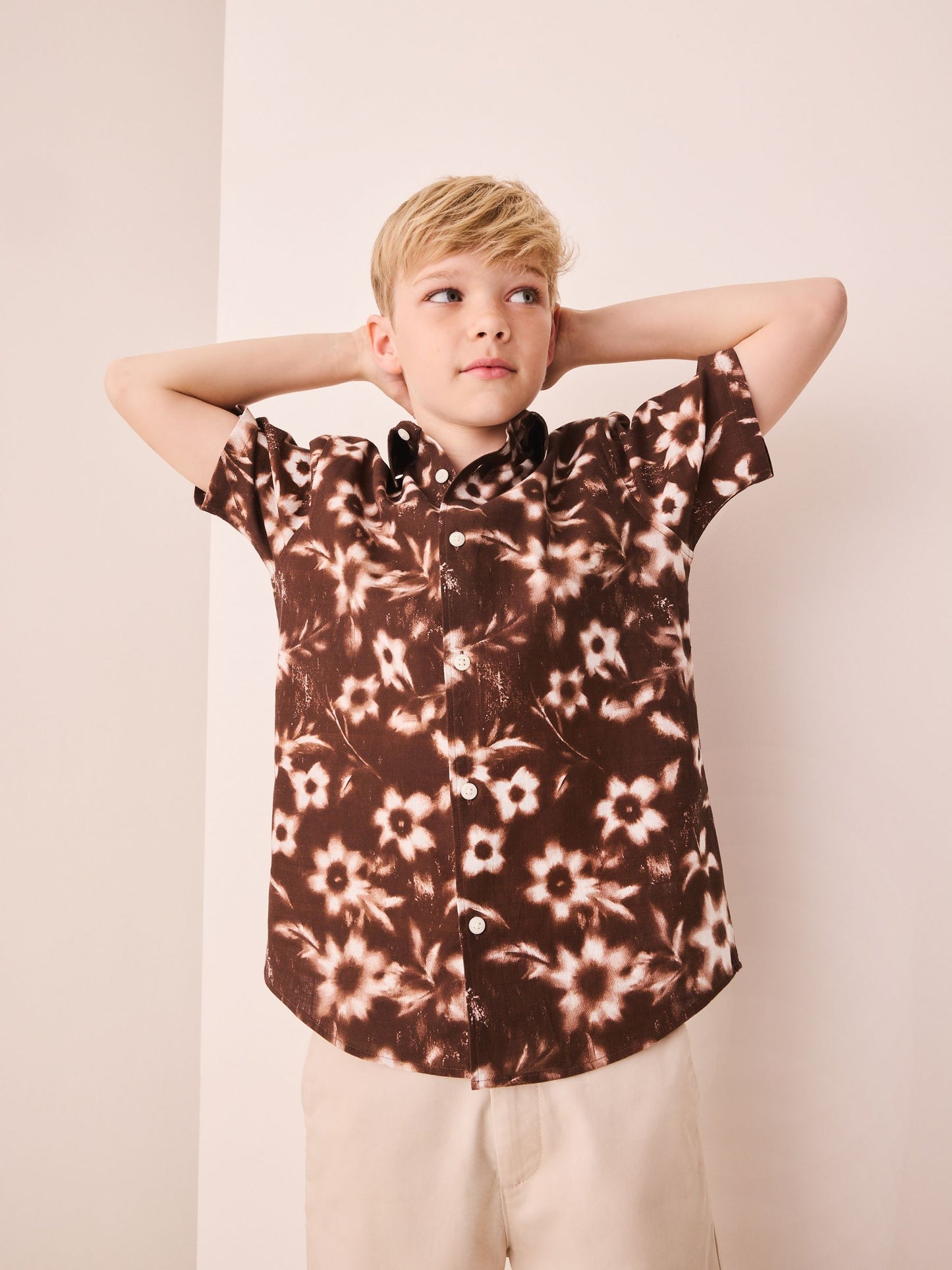 Dsiney Kidz - Chocolate Brown All Over Print Flowers Short Sleeve All Over Print Shirt (3-16yrs) image 2