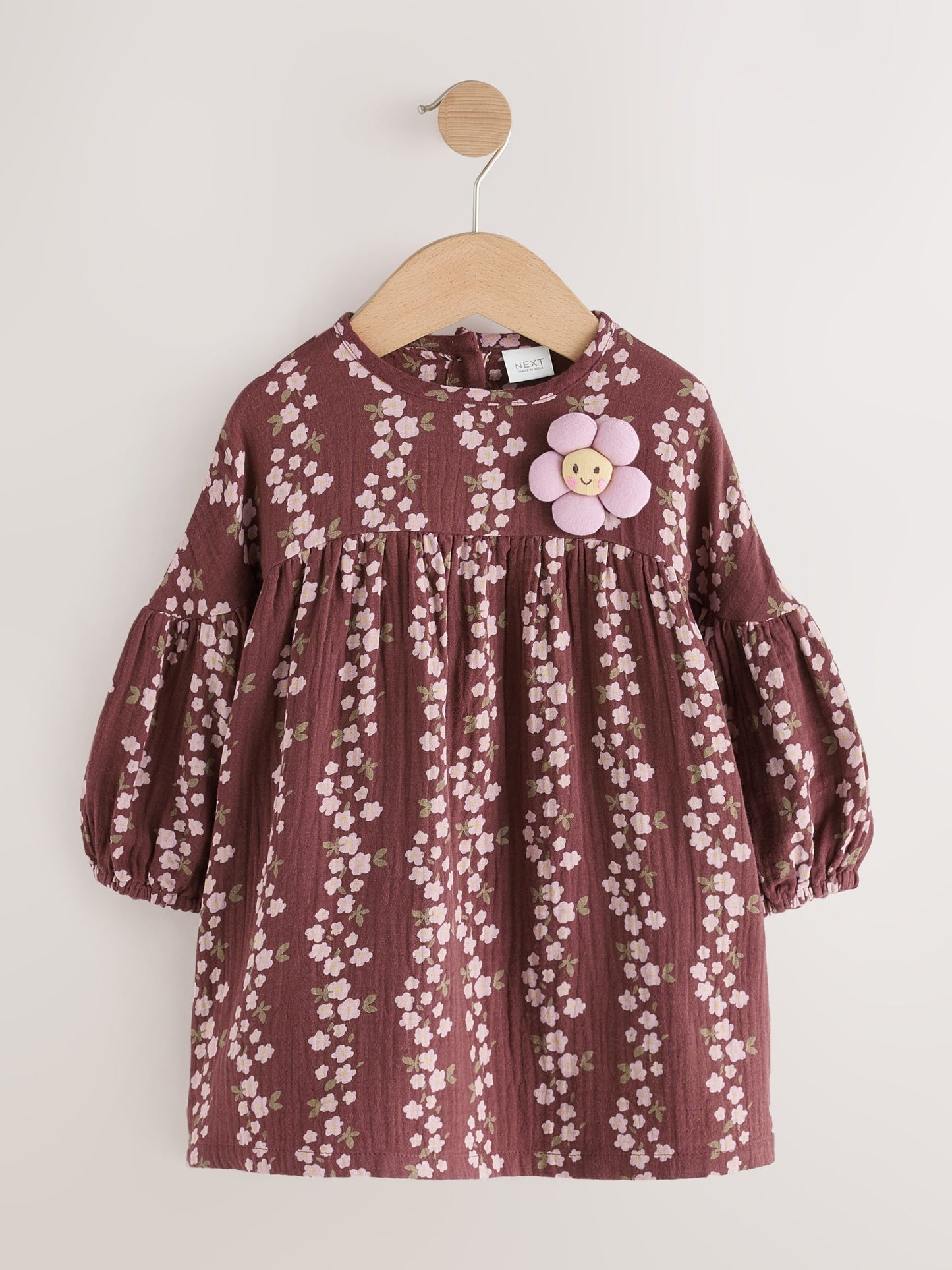 Dsiney Kidz - Chocolate Brown Flroal Long Sleeve Printed Dress (3mths-8yrs) image 5