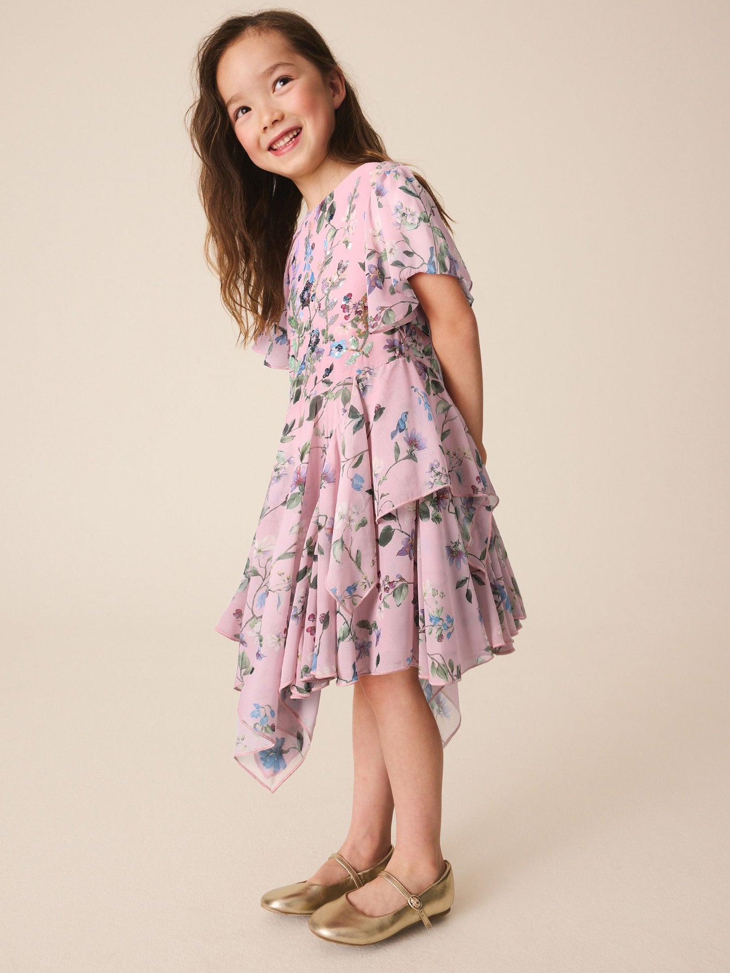 Dsiney Kidz - Dusky Pink Embellished Hanky Hem Dress (3-16yrs) image 4