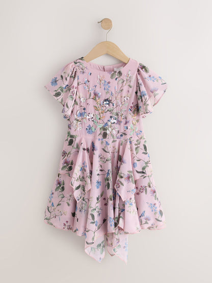 Dsiney Kidz - Dusky Pink Embellished Hanky Hem Dress (3-16yrs) image 5