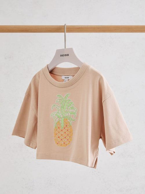 Reiss Neutral Bertie 9-13 yrs Cotton Embroidered Cropped T-Shirt image 1