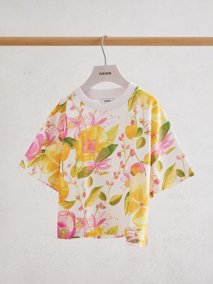 Reiss Ivory Print Bonnie 9-13 yrs Cotton Floral-Print Relaxed T-Shirt image 1