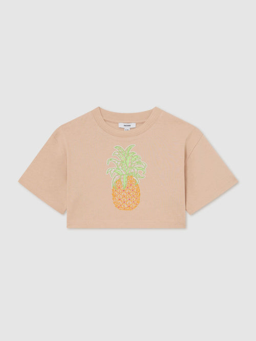 Reiss Neutral Bertie 3-9 yrs Cotton Embroidered Cropped T-Shirt image 1