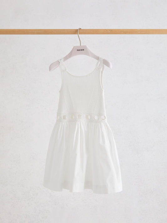 Reiss White Rita 9-13 yrs Rib-Knit Mix Cut-Out Flared Dress image 1