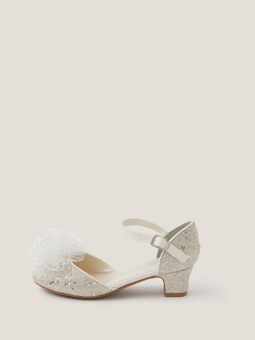 Monsoon Silver Tulle Pom Glitter Closed Toe Heels Shoes image 1