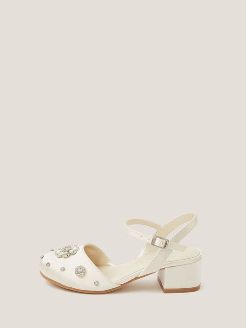 Monsoon White Flower Diamanté Satin Closed Toe Heels Shoes image 1