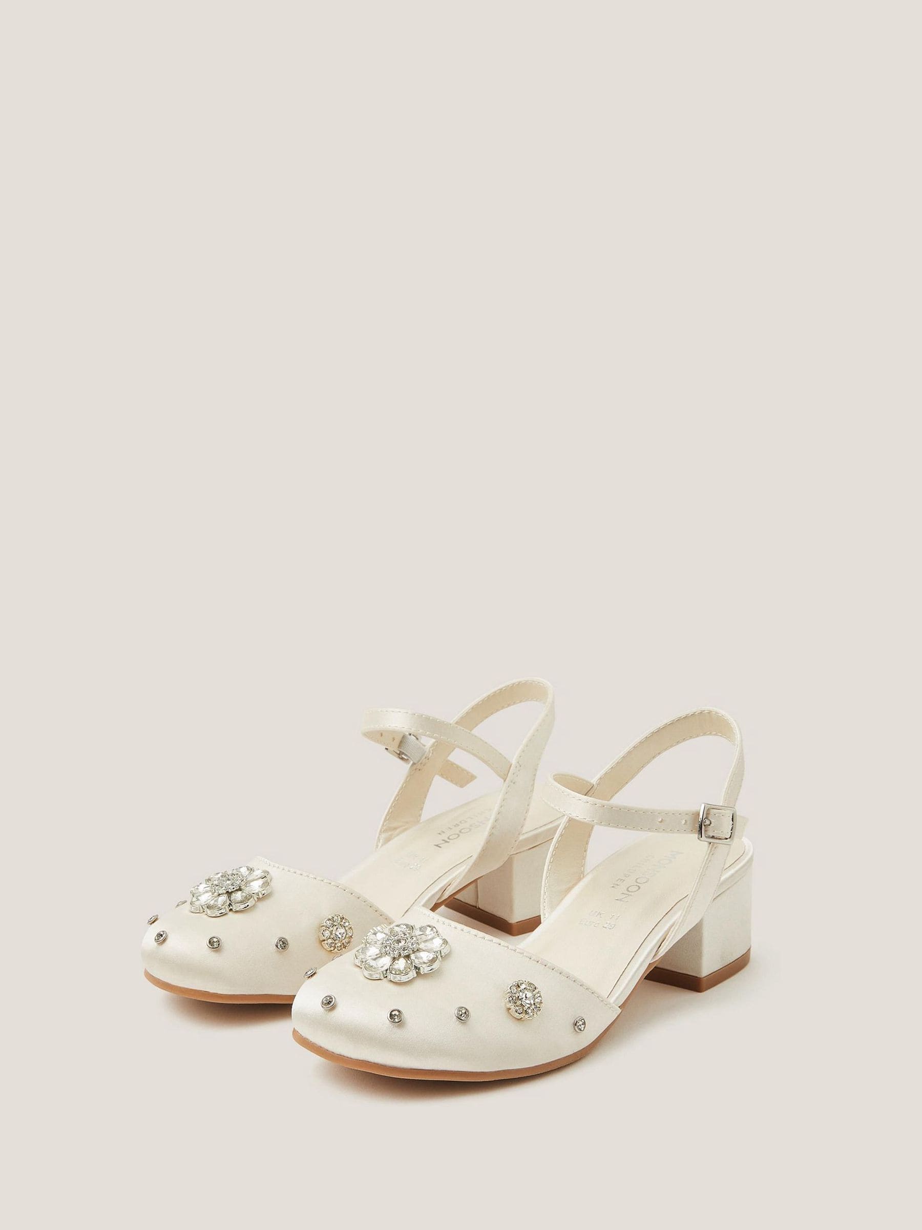 Monsoon White Flower Diamanté Satin Closed Toe Heels Shoes image 3