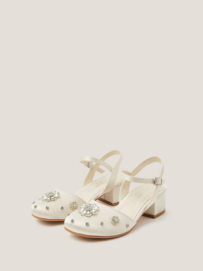 Monsoon White Flower Diamanté Satin Closed Toe Heels Shoes image 3
