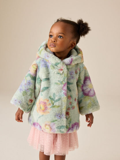 Dsiney Kidz - Sage Green Floral Faux Fur Hooded Coat (12mths-7yrs) image 1