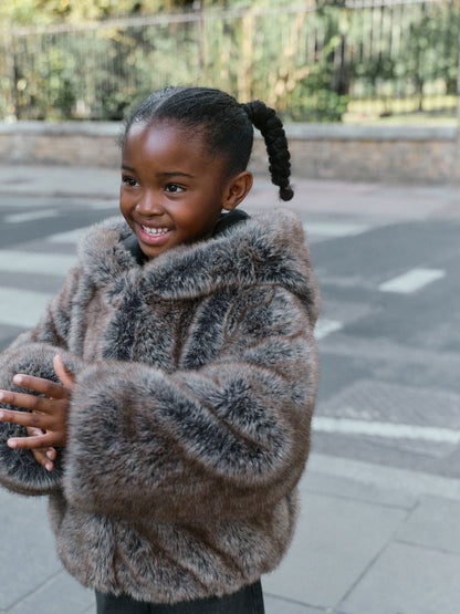 Warm Brown Faux Fur Coat With Hood (3-16yrs) - image 1