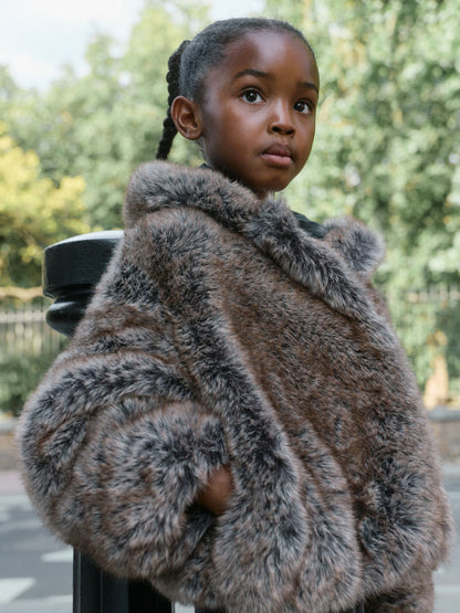 Warm Brown Faux Fur Coat With Hood (3-16yrs) - image 2