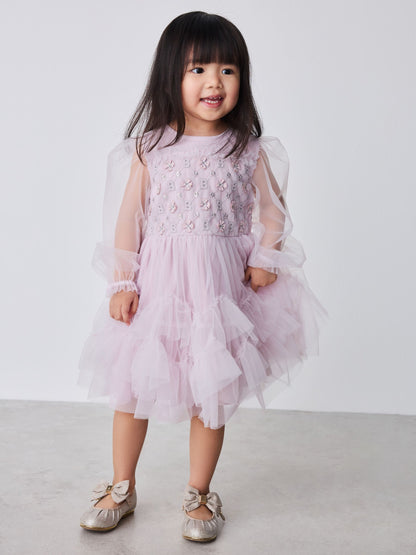 Dsiney Kidz - Baker by Ted Baker Pink Mesh Long Sleeve Embroidered Detail Dress image 1