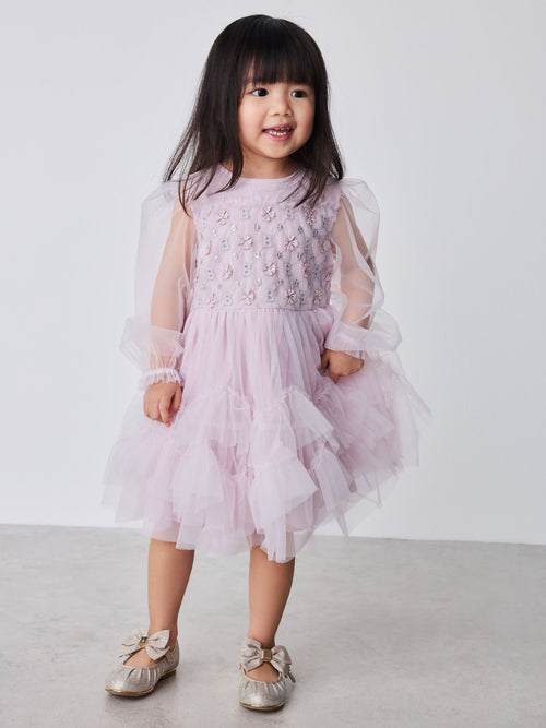Dsiney Kidz - Baker by Ted Baker Pink Mesh Long Sleeve Embroidered Detail Dress image 1