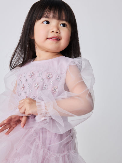 Dsiney Kidz - Baker by Ted Baker Pink Mesh Long Sleeve Embroidered Detail Dress image 2