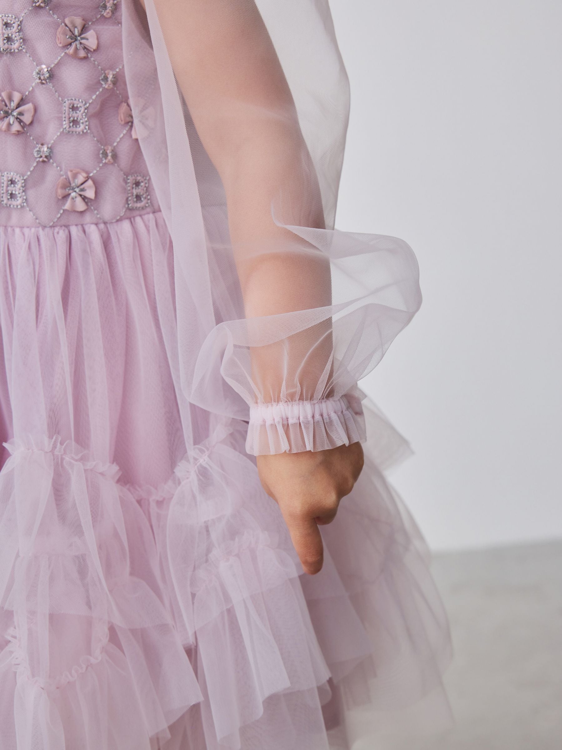 Dsiney Kidz - Baker by Ted Baker Pink Mesh Long Sleeve Embroidered Detail Dress image 4