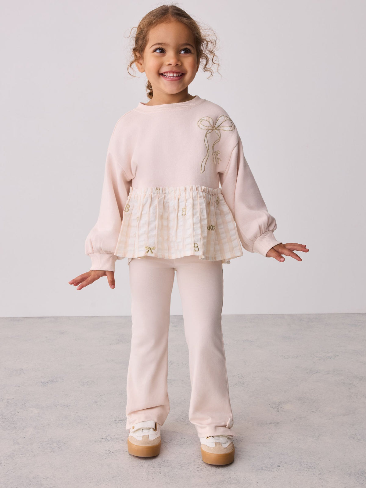 Baker by Ted Baker Pink/Cream 2 Piece Gingham Bow Sweat Top & Flare Leggings Set - image 1
