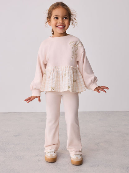 Baker by Ted Baker Pink/Cream 2 Piece Gingham Bow Sweat Top & Flare Leggings Set - image 1