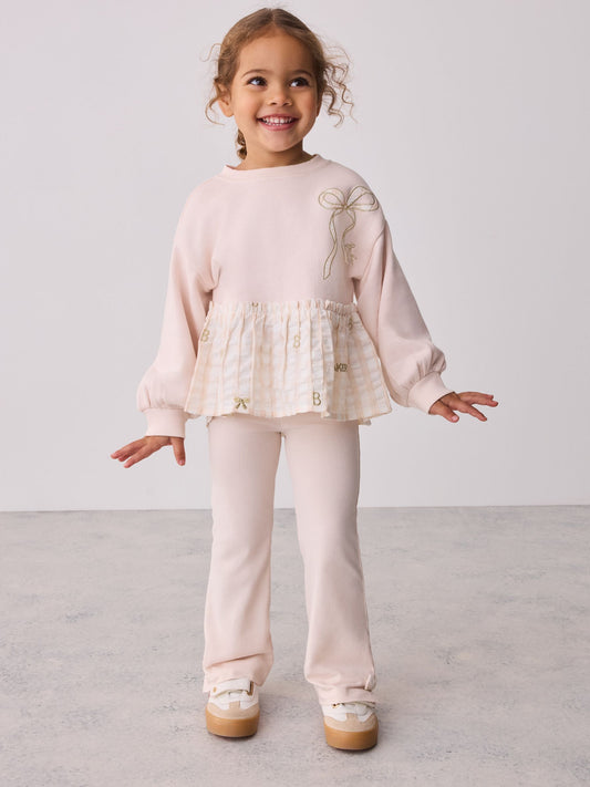 Baker by Ted Baker Pink/Cream 2 Piece Gingham Bow Sweat Top & Flare Leggings Set - image 1