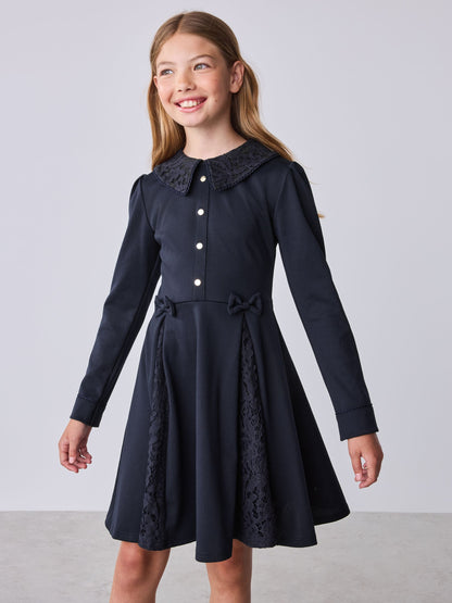 Dsiney Kidz - Baker by Ted Baker Navy Lace Collar Pleated Ponte Dress image 2