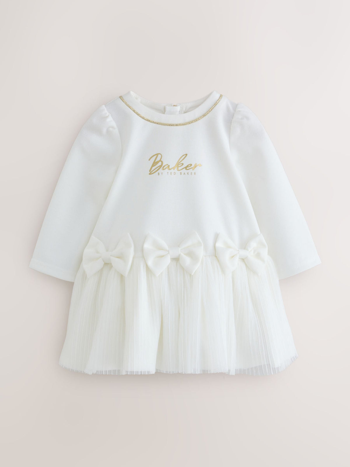 Baker by Ted Baker Cream Crinkle Mesh Hem Bow Ponte Dress - image 1