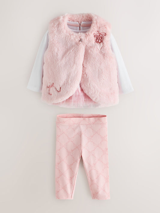 Baker by Ted Baker Pink 3 Piece Fur Gilet T-Shirt & Printed Leggings Set - image 1