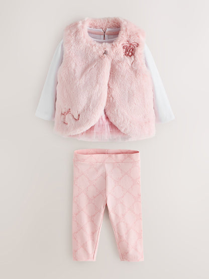 Baker by Ted Baker Pink 3 Piece Fur Gilet T-Shirt & Printed Leggings Set - image 1