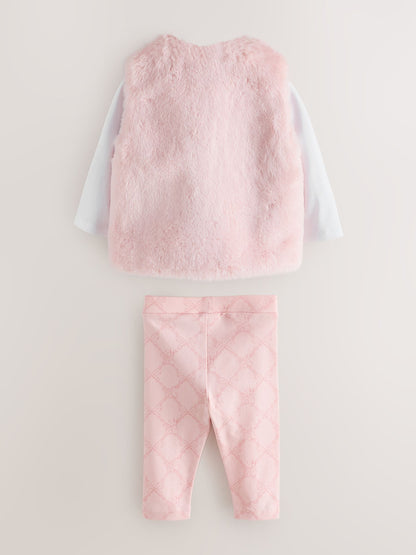 Baker by Ted Baker Pink 3 Piece Fur Gilet T-Shirt & Printed Leggings Set - image 2