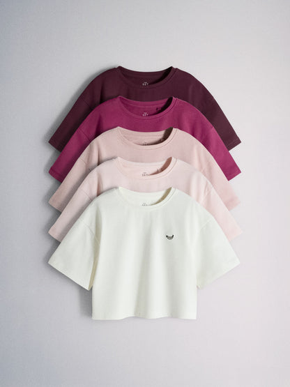 Dsiney Kidz - The Set 5 Pack Cropped Oversized T-Shirt with Embroidered Motif Pink/Purple/White image 1