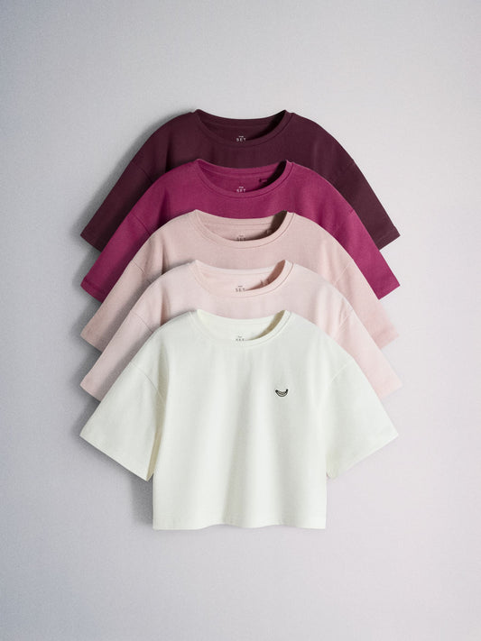 Dsiney Kidz - The Set 5 Pack Cropped Oversized T-Shirt with Embroidered Motif Pink/Purple/White image 1