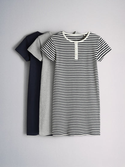 The Set 3 Pack Short Sleeve Rib Henley Dresses Blue/Grey/Stripe image 2