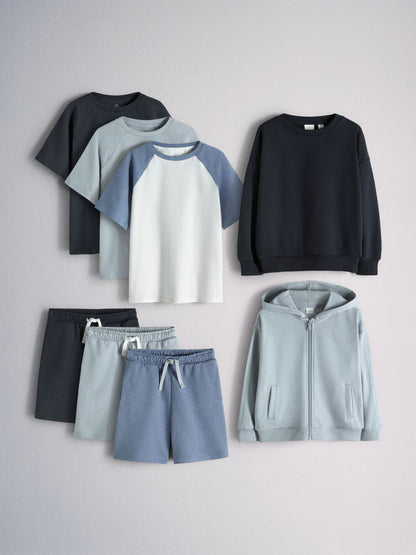 Dsiney Kidz - The Set 8 Piece Jersey Zip Through Hoody Crew Joggers Shorts and Short Sleeve Oversized T-Shirt Set Blue/Navy/White image 1