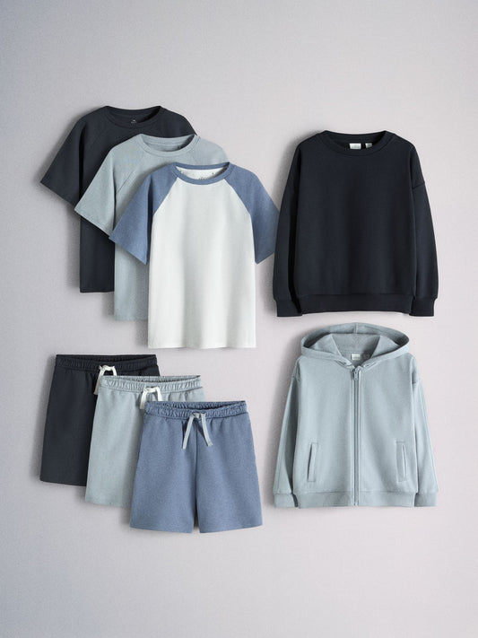 Dsiney Kidz - The Set 8 Piece Jersey Zip Through Hoody Crew Joggers Shorts and Short Sleeve Oversized T-Shirt Set Blue/Navy/White image 1