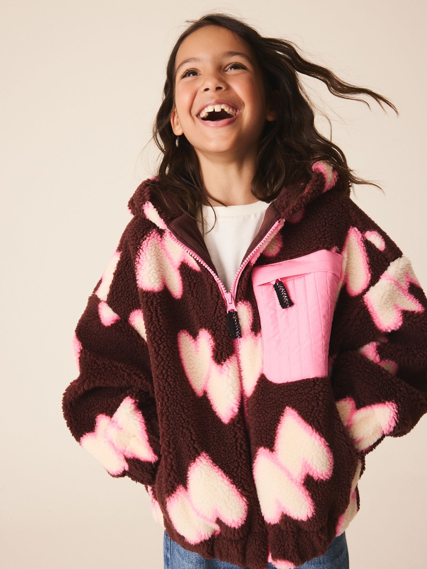 Dsiney Kidz - Brown/Pink Heart Zip Up Hoodied Borg Jacket (3-16yrs) image 1
