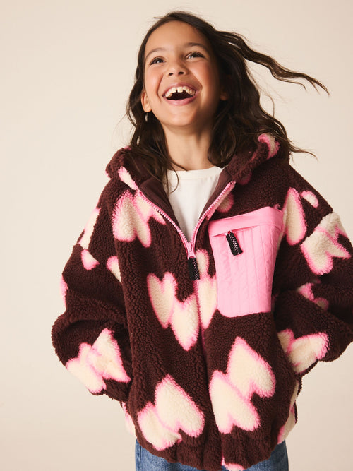 Dsiney Kidz - Brown/Pink Heart Zip Up Hoodied Borg Jacket (3-16yrs) image 1