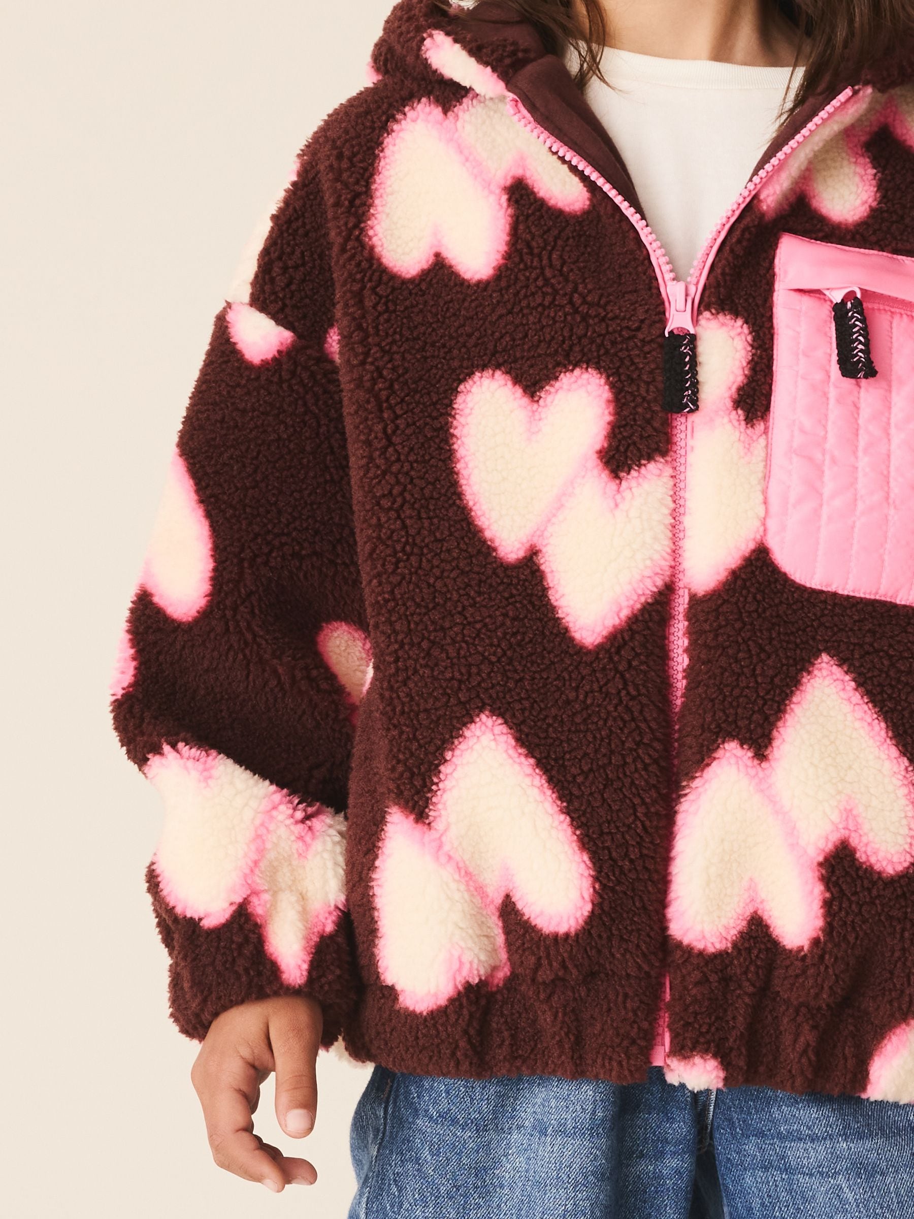 Dsiney Kidz - Brown/Pink Heart Zip Up Hoodied Borg Jacket (3-16yrs) image 4