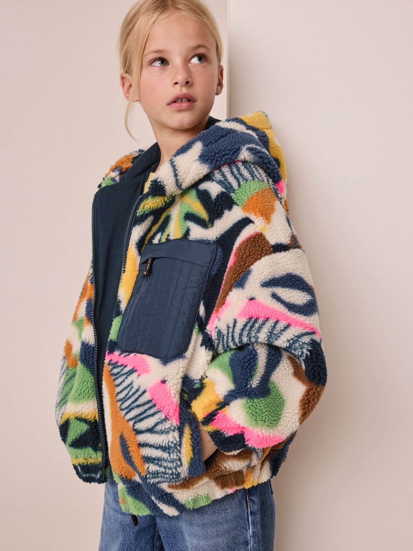 Dsiney Kidz - Abstract Leaf Print Zip Up Hoodied Borg Jacket (3-16yrs) image 1