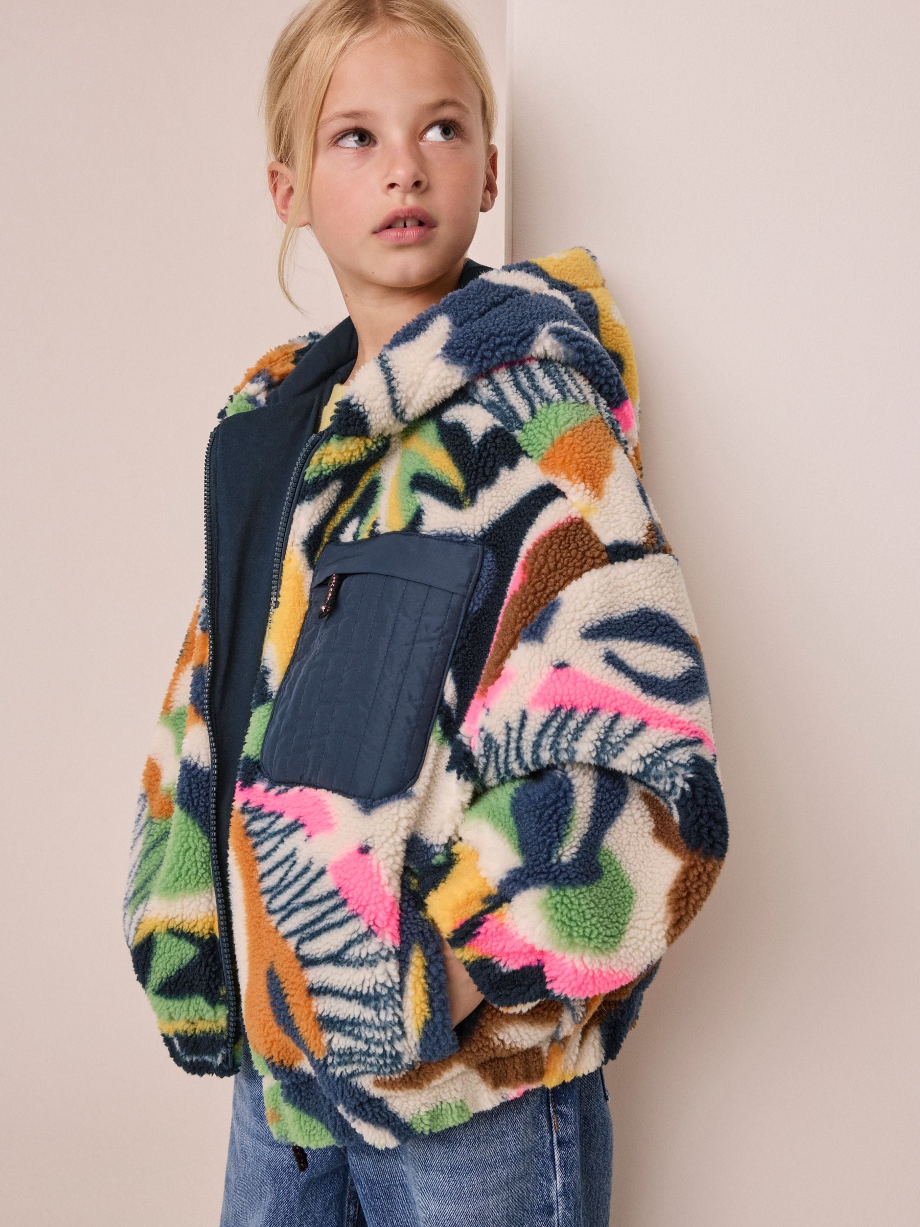 Dsiney Kidz - Abstract Leaf Print Zip Up Hoodied Borg Jacket (3-16yrs) image 1