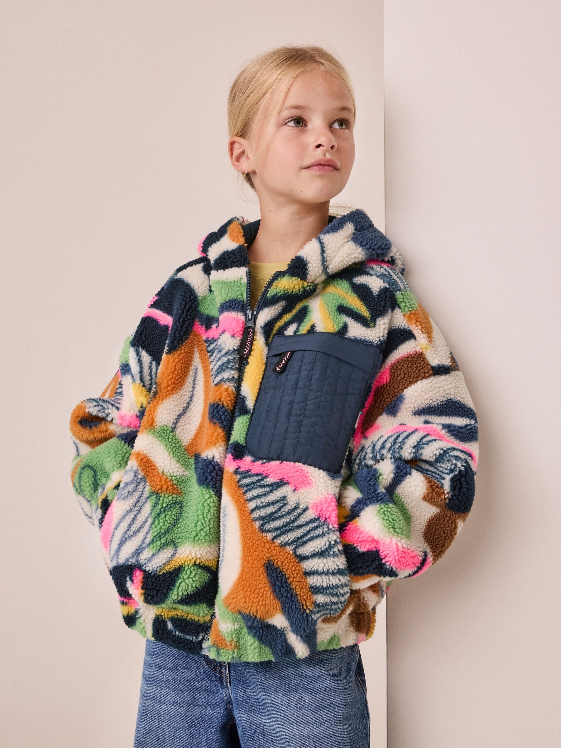 Dsiney Kidz - Abstract Leaf Print Zip Up Hoodied Borg Jacket (3-16yrs) image 2