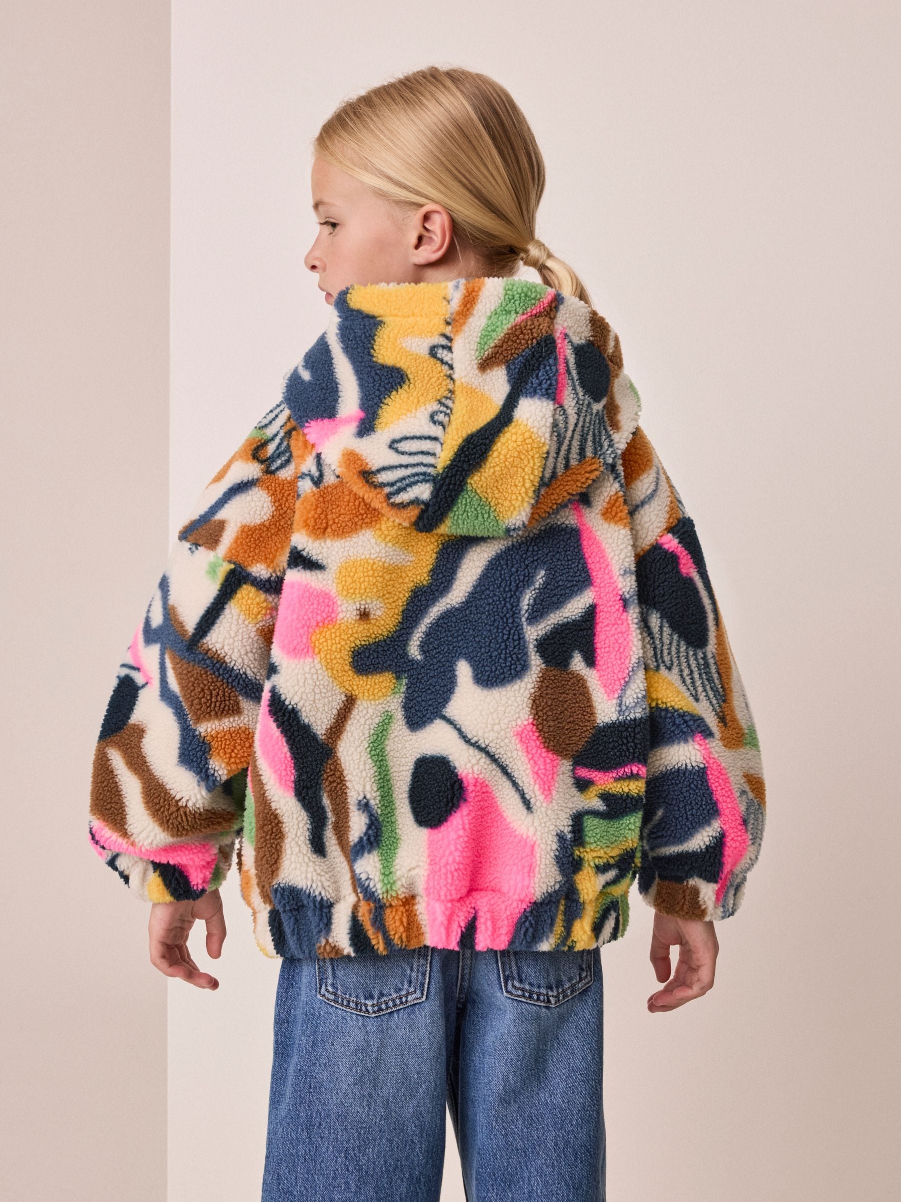 Dsiney Kidz - Abstract Leaf Print Zip Up Hoodied Borg Jacket (3-16yrs) image 3