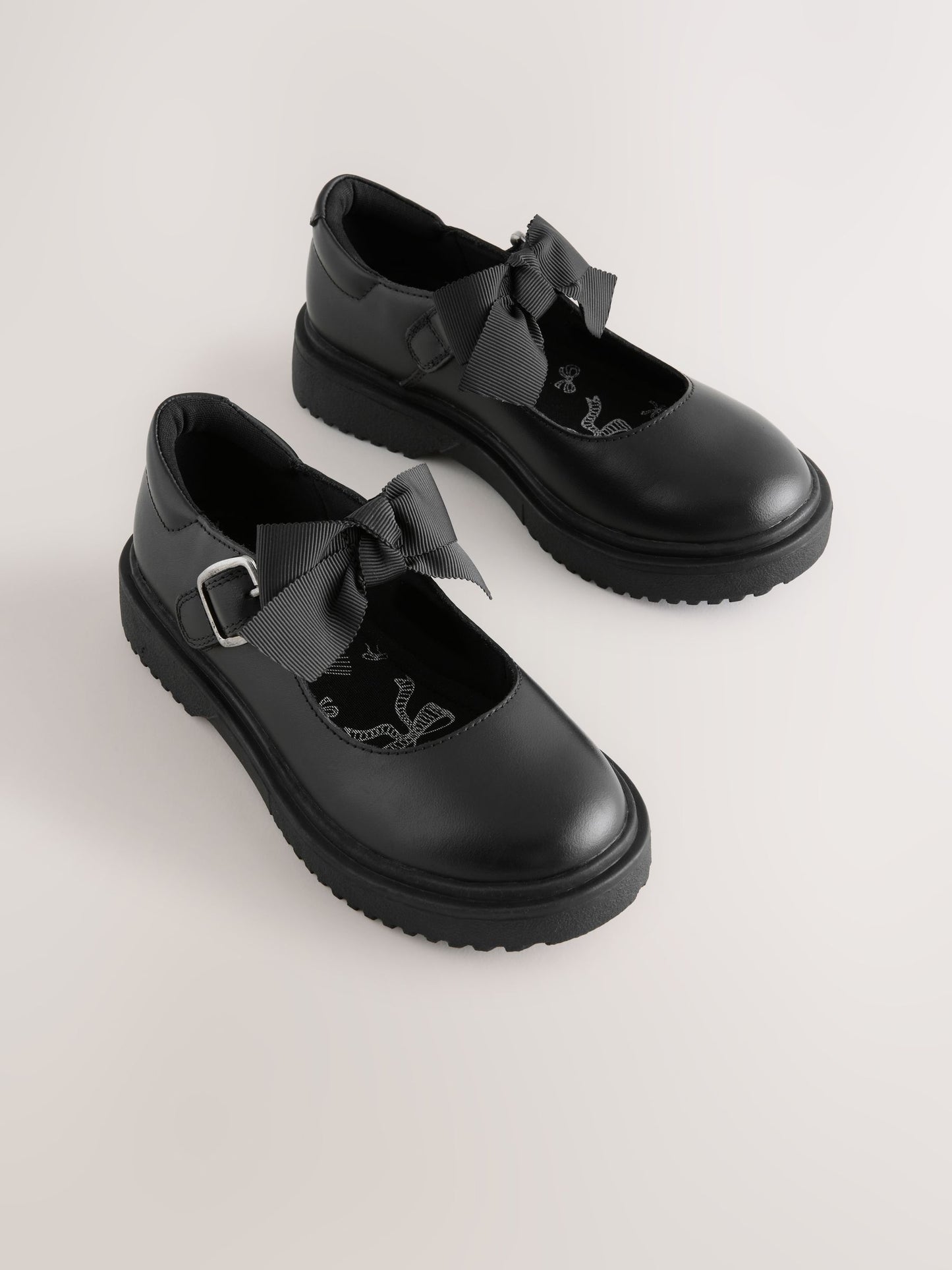 Black Matt Standard Fit (F) Leather Bow Chunky Mary Jane School Shoes image 1