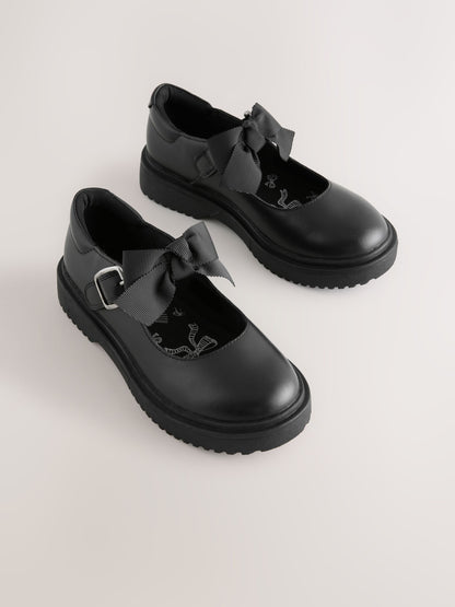 Black Matt Standard Fit (F) Leather Bow Chunky Mary Jane School Shoes image 1