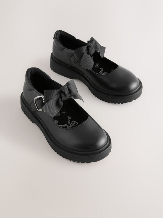 Black Matt Standard Fit (F) Leather Bow Chunky Mary Jane School Shoes image 1