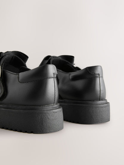 Black Matt Standard Fit (F) Leather Bow Chunky Mary Jane School Shoes image 4