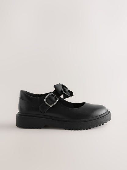 Black Matt Wide Fit (G) Leather Bow Chunky Mary Jane School Shoes image 2