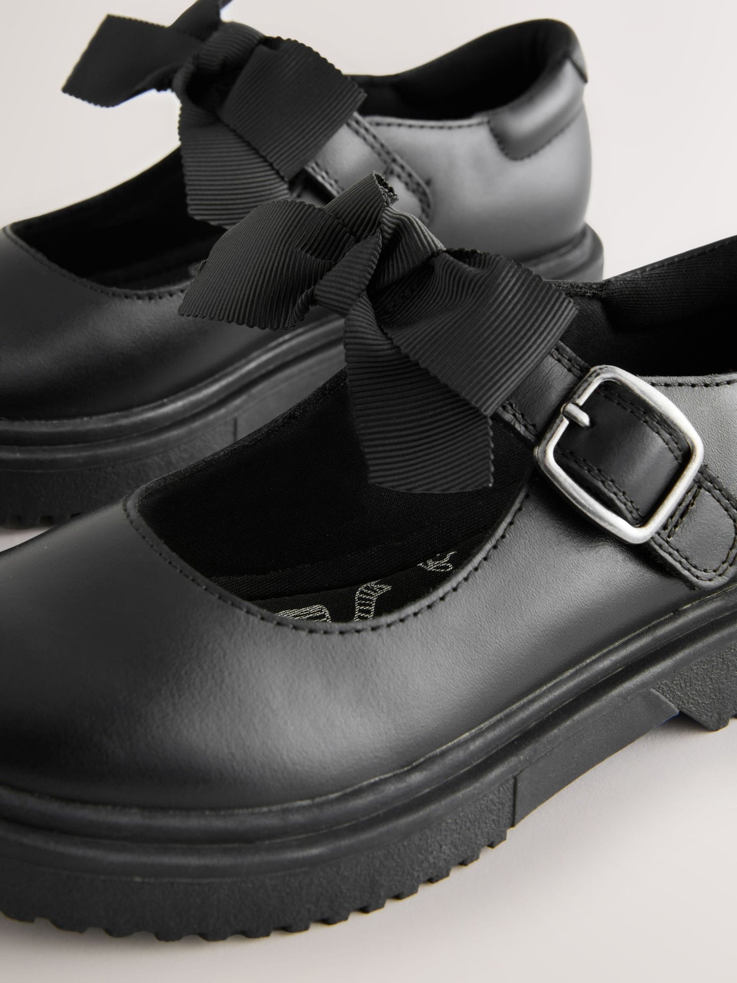 Black Matt Wide Fit (G) Leather Bow Chunky Mary Jane School Shoes image 3