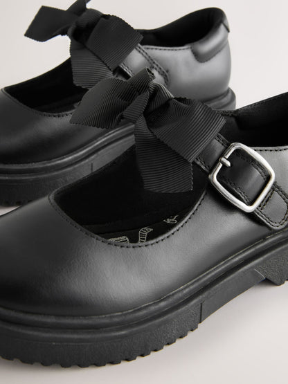 Black Matt Wide Fit (G) Leather Bow Chunky Mary Jane School Shoes image 3