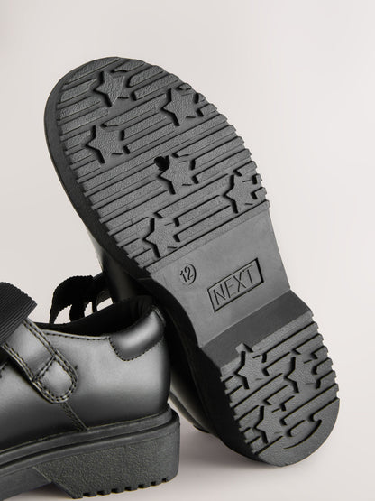 Black Matt Wide Fit (G) Leather Bow Chunky Mary Jane School Shoes image 5