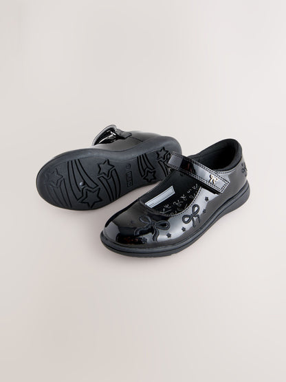 Black Patent Wide Fit (G) Embroidery Bow Mary Jane School Shoes image 3