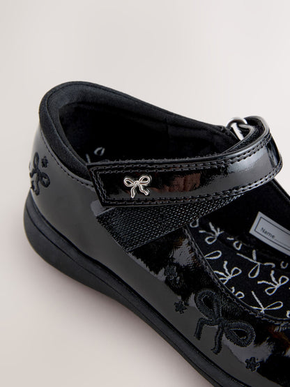 Black Patent Wide Fit (G) Embroidery Bow Mary Jane School Shoes image 5