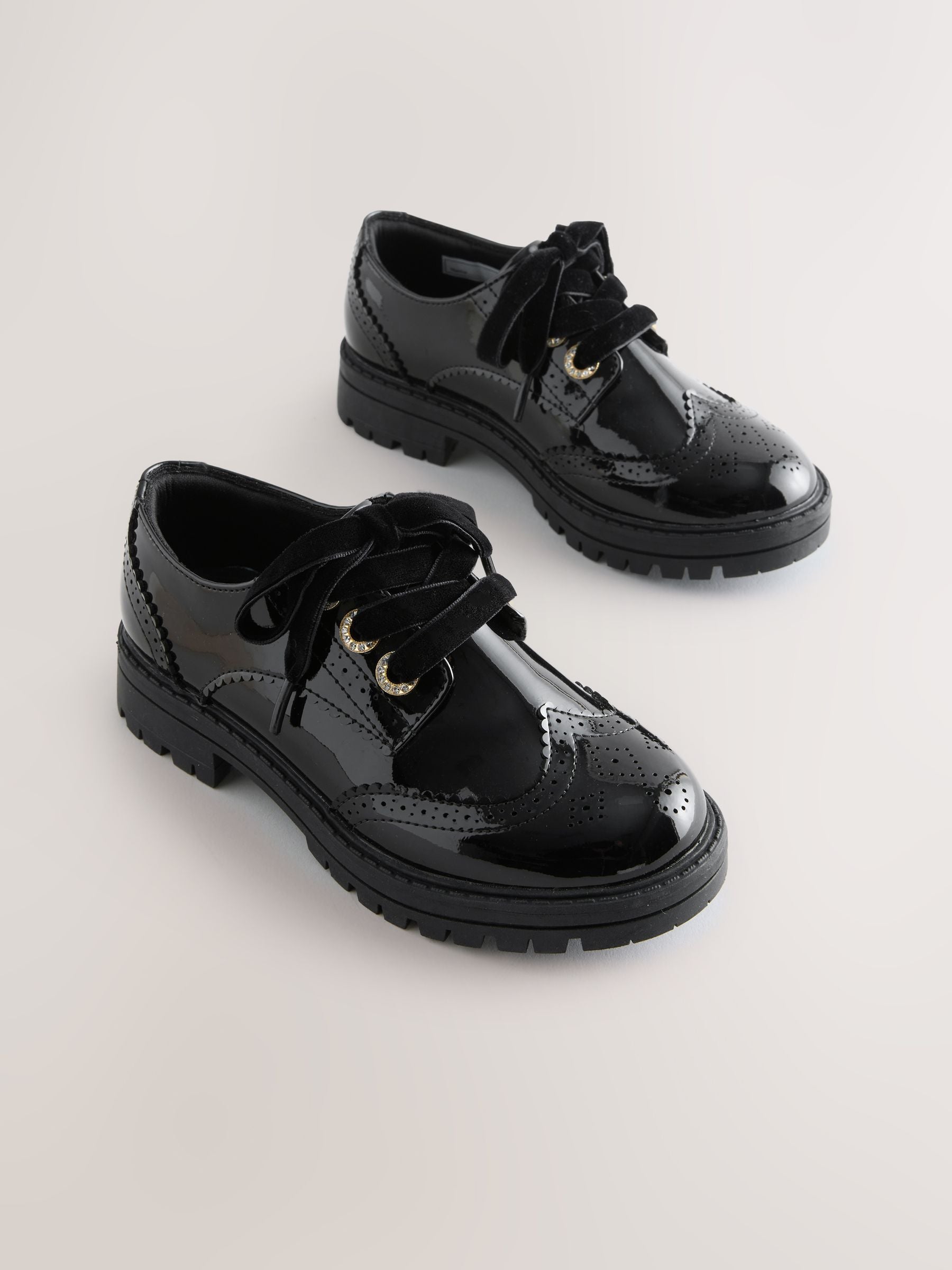 Black Patent Brogue Chunky Lace Up School Shoes image 1